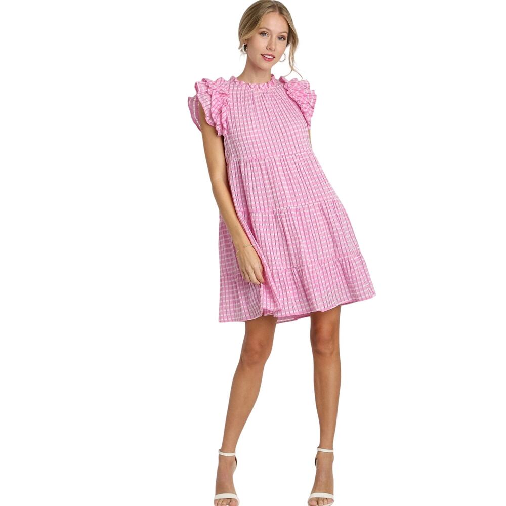 Umgee NWT Pink Gingham Mini Dress Seersucker Ruffle Sleeve Tiered A-Line Sz L